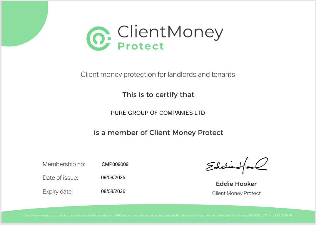 Pure Estates Client Money Protection Certificate - Client Money Protect Approved Member